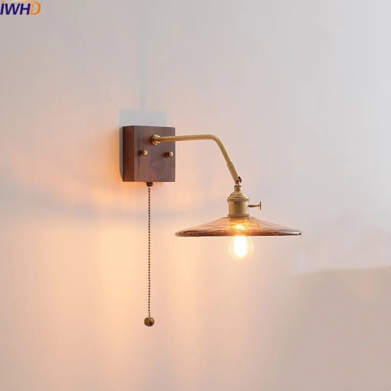 Walnut Copper LED Wall Lights Fixture with Pull Chain Switch - Modern Bedside Lamp