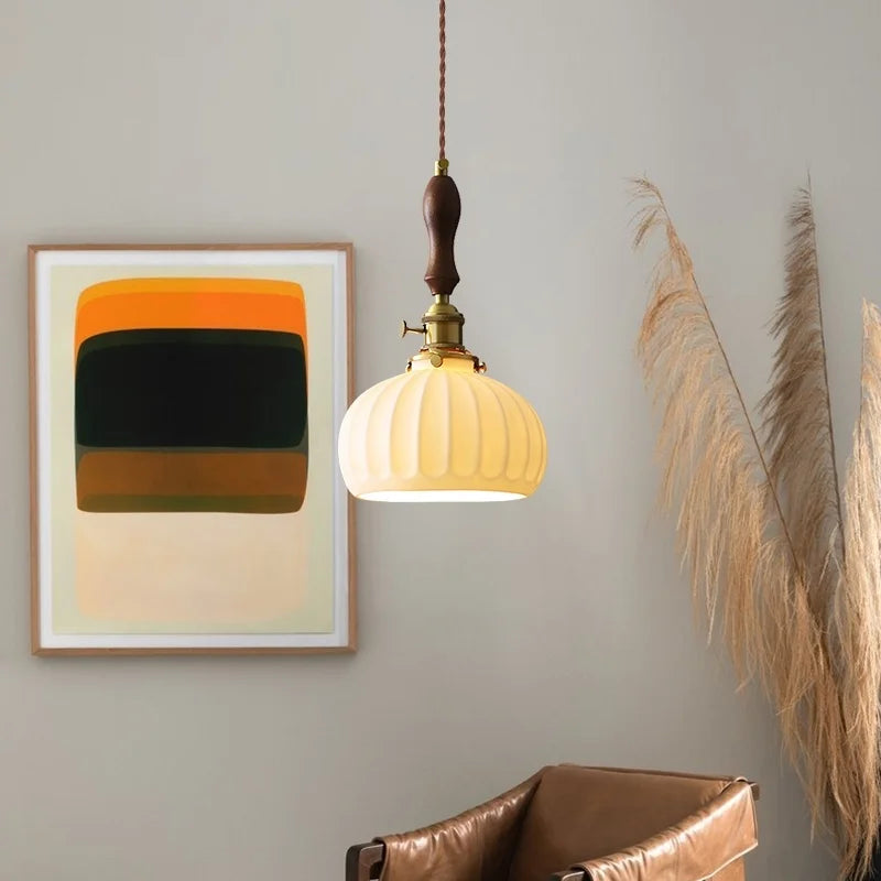 Wood Handle LED Pendant Lights Japanese Vintage Style Bar Bedroom Living Room HangLamp