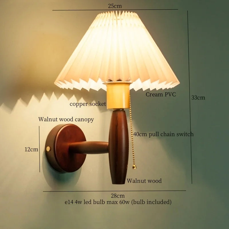 Pleated Fabric LED Wall Sconce Lamp Walnut Wood Light