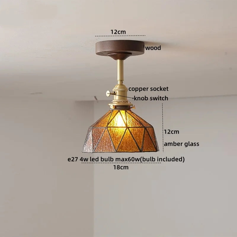Amber Glass Copper LED Ceiling Light Fixture for Modern Home Decor