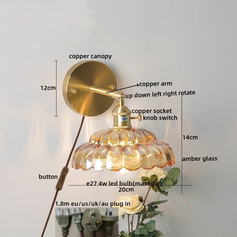 Nordic LED Wall Lights Pull Chain Switch Copper Glass Home Decor