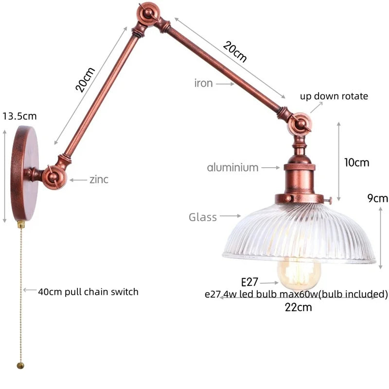 Adjustable Glass Swing Arm LED Wall Sconce with Pull Chain Switch