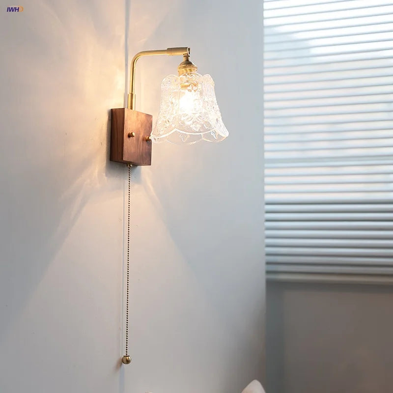Walnut Glass LED Wall Light: Modern Brass Rotatable Bedside Lamp