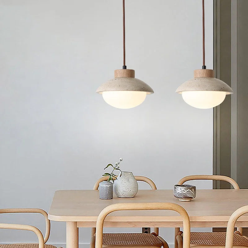 LED Pendant Light: Japanese Style, Yellow Travertine Wood, Adjustable Hanging Lamp