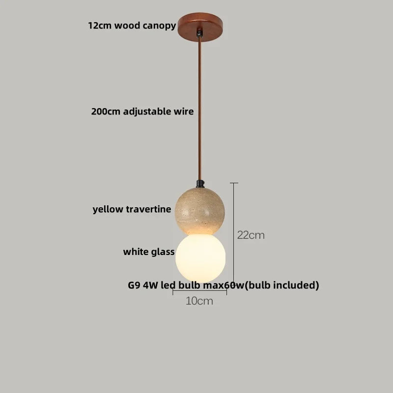 Yellow Travertine Wood Canopy Pendant Lights - Japanese Style Adjustable Globe LED Hang Lamp