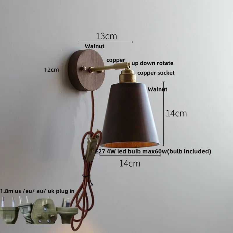 Walnut Wood LED Wall Sconce with Pull Chain Switch - Modern Nordic Copper Socket