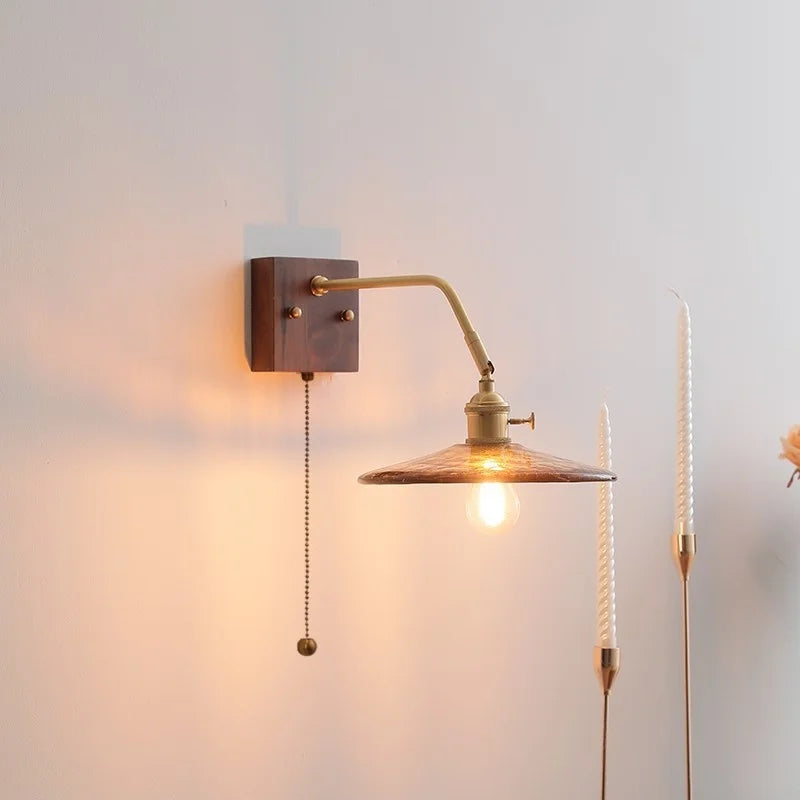Walnut Copper LED Wall Lights Fixture with Pull Chain Switch - Modern Bedside Lamp