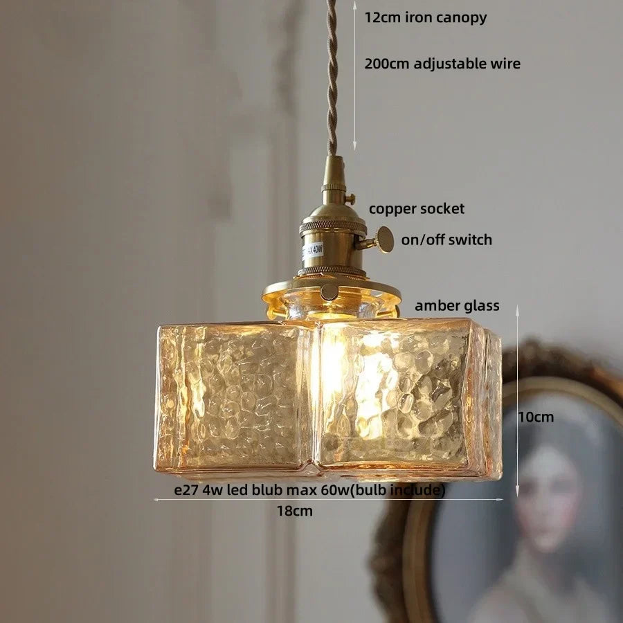 Afralia™ Amber Glass Cube LED Pendant Lights, Japanese Style for Kitchen, Bedroom, Coffee.