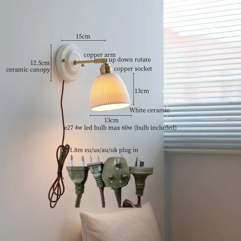 Pleats Ceramic LED Wall Light Bedroom Bathroom Mirror Bedside Lamp Copper