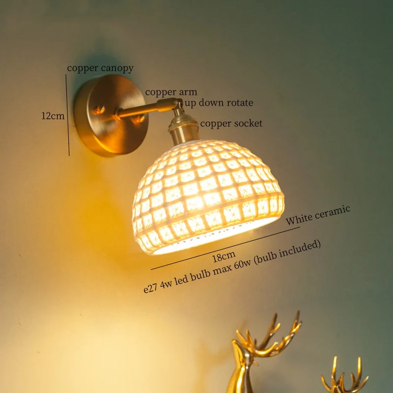 Afralia™ Brass Ceramic LED Wall Light | Nordic Modern Bedside Lamp for Bedroom, Bathroom, and Sofa