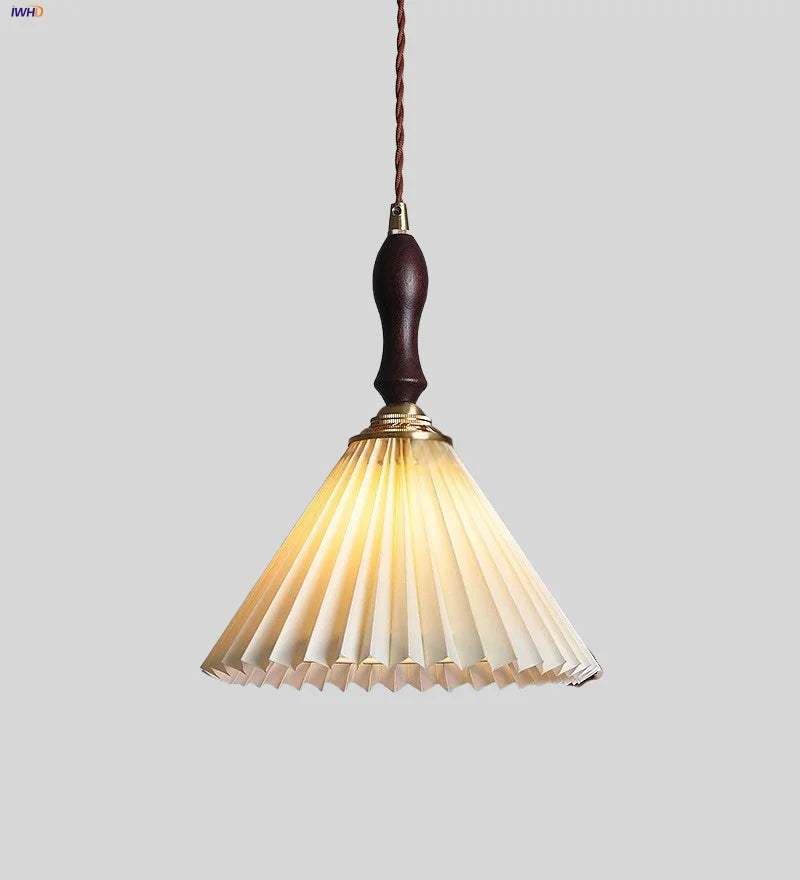 Walnut Wood LED Pendant Lights Japan Style Hanging Lamp Bouffant Cloth