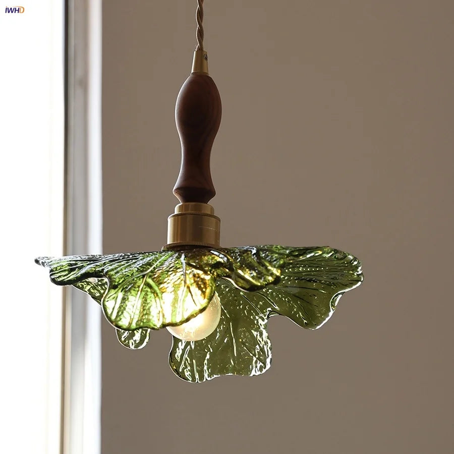 Afralia™ Flower Green Glass LED Pendant Lights Kitchen Restaurant Nordic Modern Hanging Lamp