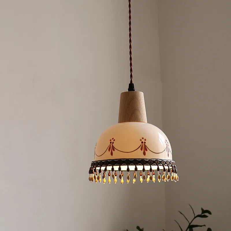 Afralia™ White Ceramic Tassel LED Pendant Lamp - Modern Nordic Wood Hand-drawn Fixture for Bedroom and Cafe