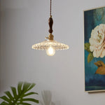 Copper Glass Pendant Light Fixture with Wood Handle & LED Bulb