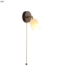 Walnut Wood LED Wall Lights Bedroom Copper Rotate Glass Pull Chain Switch