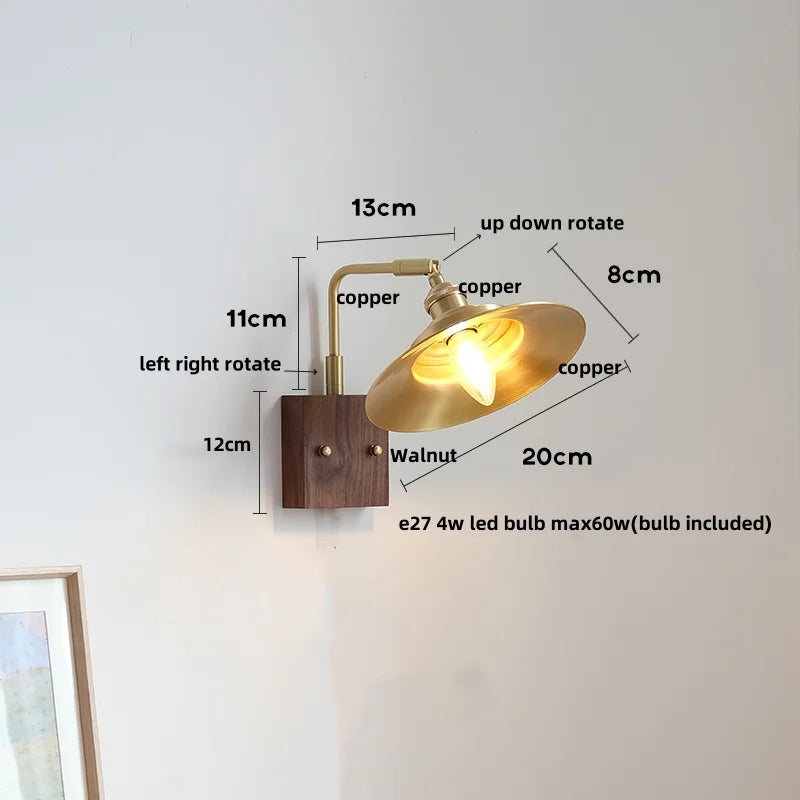 Wood LED Wall Light Up Down Rotate Copper Bedside Lamp