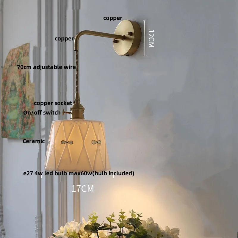 Ceramic Brass LED Wall Light Fixture Pull Chain Switch Bedside Sconce