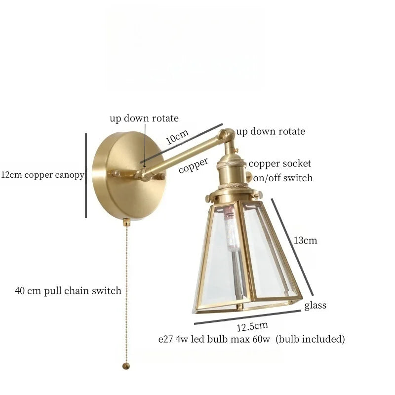 Glass LED Wall Lamps Pull Chain for Bedroom & Living Room