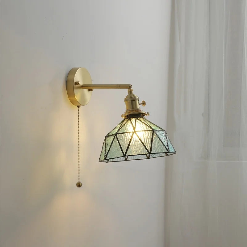 Copper Glass LED Wall Sconce Pull Chain Switch Modern Stair Light Fixtures