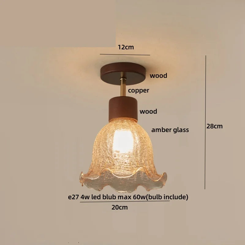Nordic LED Ceiling Light Amber Glass Wood Brass Flush Mount Lamp