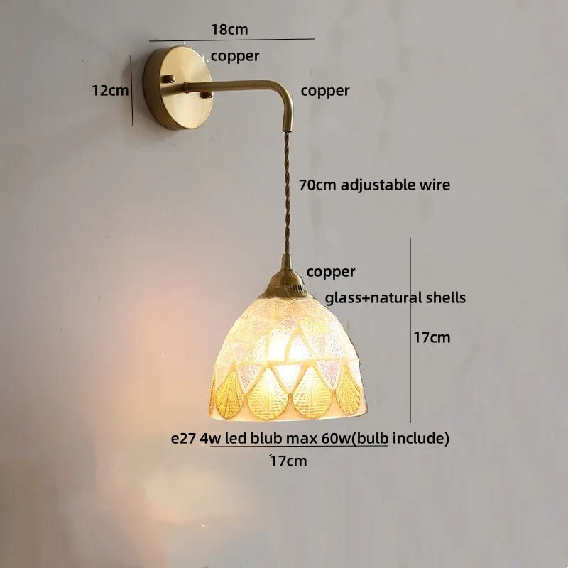 Amber Glass LED Wall Sconce with Pull Chain Switch for Bedroom and Bathroom