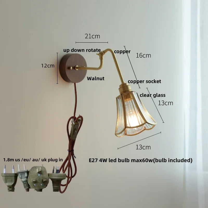 Copper Glass Wall Sconce Amber LED Rotate Modern Bathroom Mirror Light