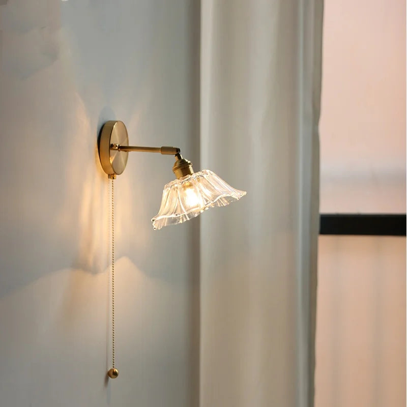 Glass Bedside Sconce: Modern Nordic LED Wall Light with Pull Chain Switch