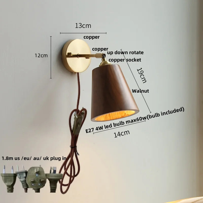 Nordic Walnut Wood Copper Up Down LED Wall Sconce Bedside Lamp