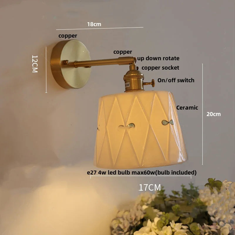 Ceramic Brass LED Wall Light Fixture Pull Chain Switch Bedside Sconce