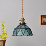Blue Glass LED Pendant Light Fixture with Adjustable Copper Knob Switch