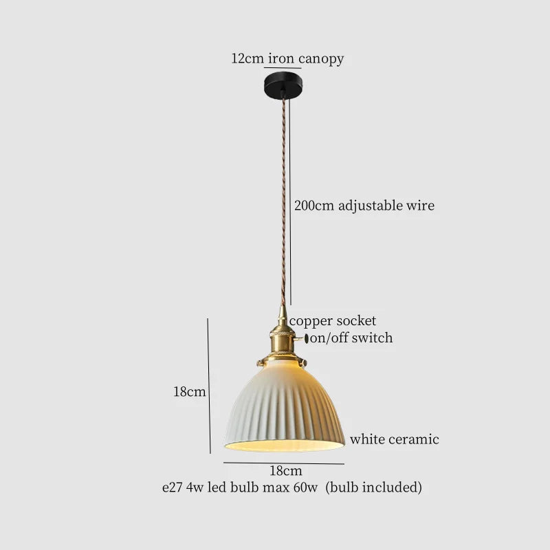 White Ceramic Brass LED Pendant Light - Vintage Japanese Hanglamp