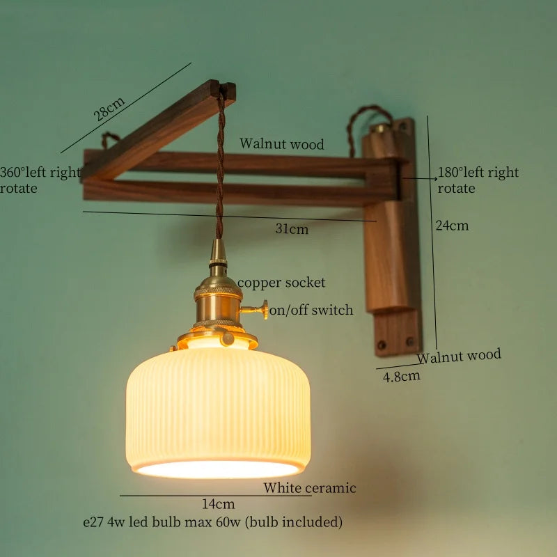 Afralia™ Nordic Ceramic LED Wall Light - Stretchable Folding Walnut Wood Loft Bedside Lamp