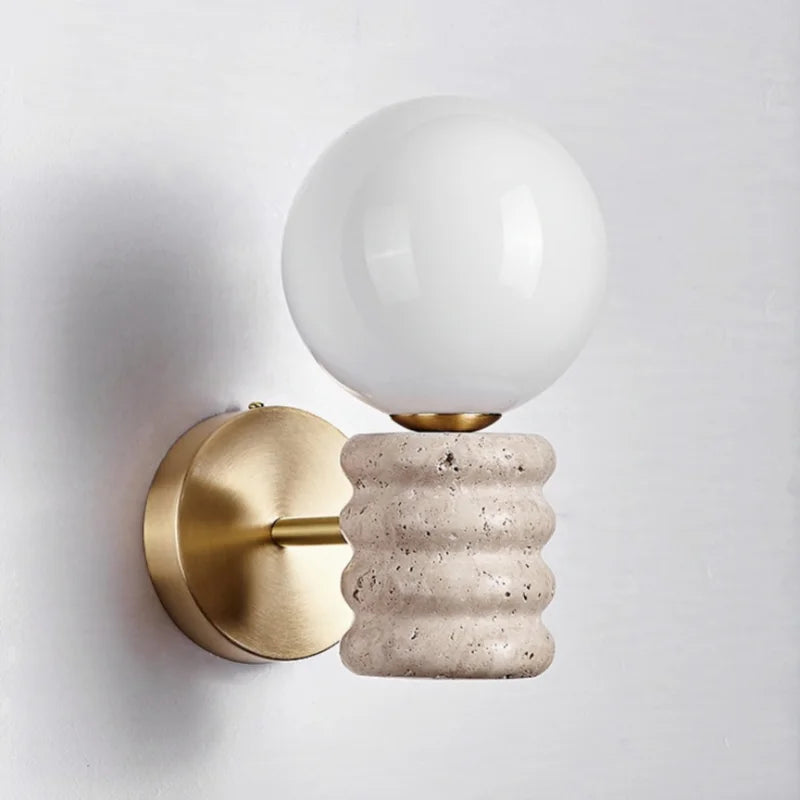 Japanese LED Wall Lamp, Pull Chain Switch, Yellow Travertine Glass, White Shade
