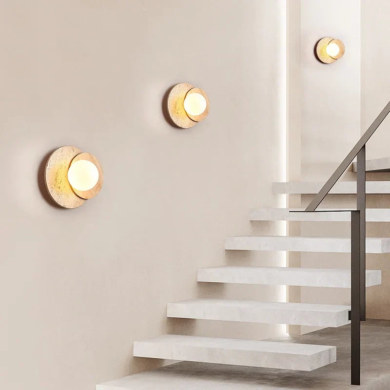 Wood White Glass LED Wall Sconce Yellow Travertine Mirror Light