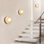 Wood White Glass LED Wall Sconce Yellow Travertine Mirror Light