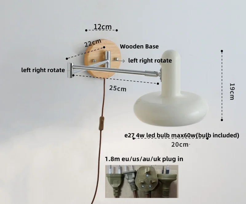 Rotating LED Wall Sconce with Pull Chain Switch, Wood Base Bedside Lamp