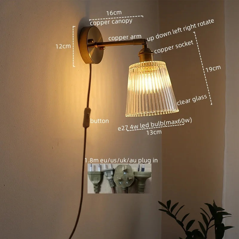 Vintage LED Wall Light Glass Copper Applique Da Parete