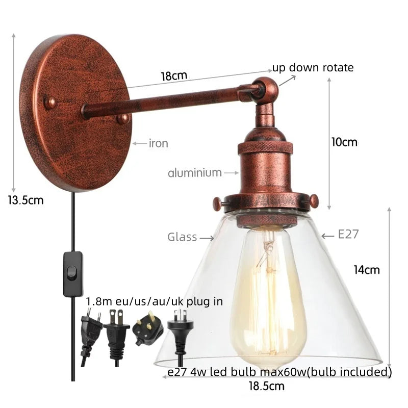 Loft LED Wall Lamp Vintage Pull Chain Switch Iron Bathroom Light