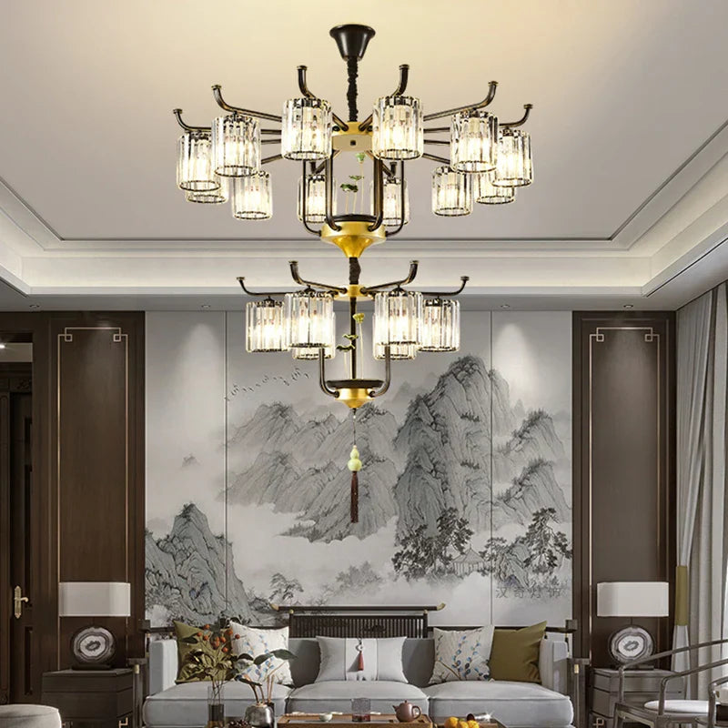 Luxury Copper Jade Chandelier for Middle Floor Living Room