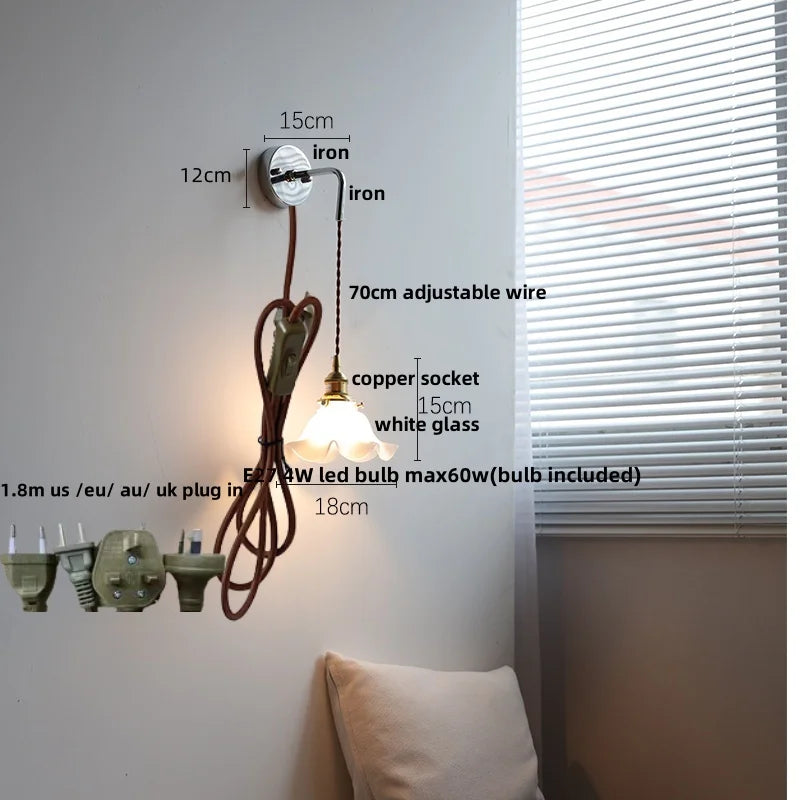 White Glass LED Wall Lights with Pull Chain Switch - Nordic Modern Bedside Lamp