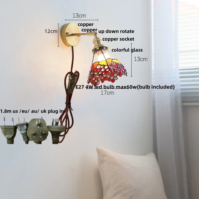 Tiffany Style Glass LED Wall Sconce with Pull Chain Switch