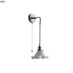 White Glass LED Wall Lights with Pull Chain Switch - Nordic Modern Bedside Lamp