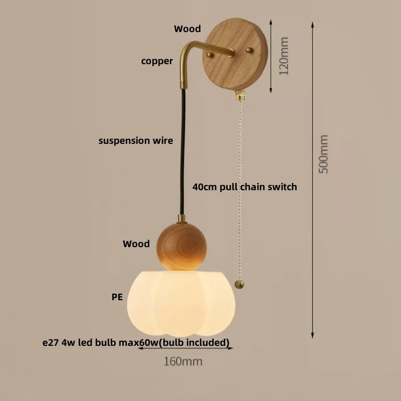 Walnut Wood LED Wall Sconce with Pull Chain Switch for Home Lighting