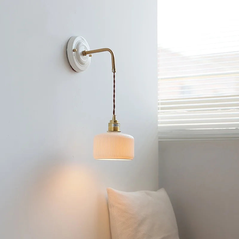 Afralia™ Copper Ceramic LED Wall Light with Pull Chain Switch for Living Room Decor.