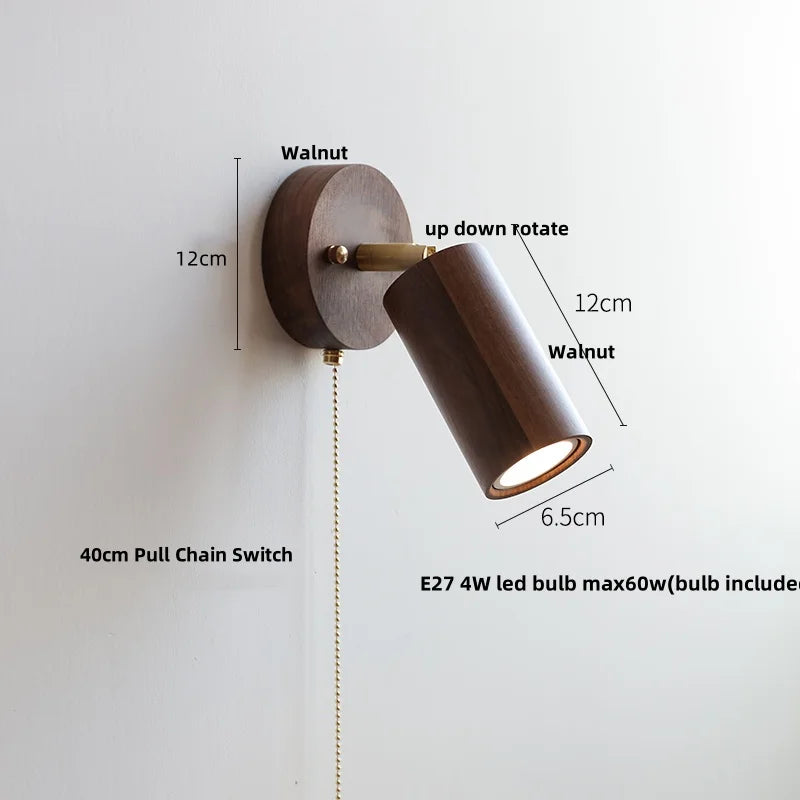 Nordic LED Wall Lamp Rotate Walnut Pull Chain Switch Mirror Light