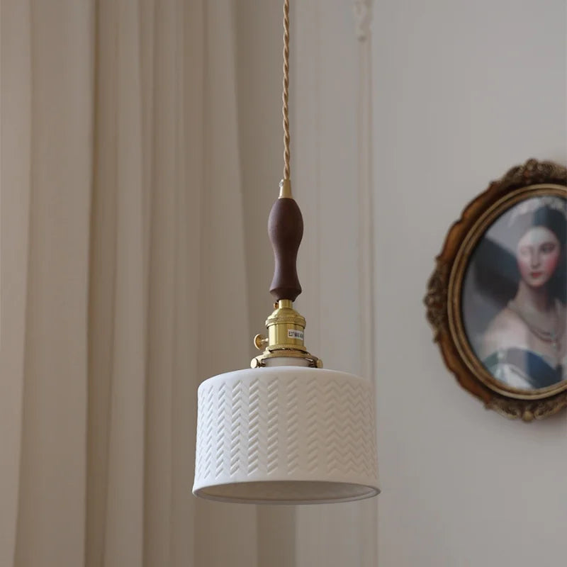 Afralia™ Nordic Walnut Wood LED Pendant Light with White Ceramic Shade & Copper Knob Switch