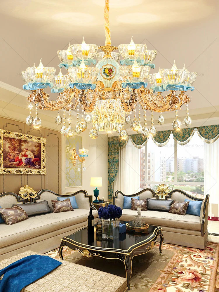 Crystal Chandelier: Chinese Ceramic Living Room Luxe Lighting
