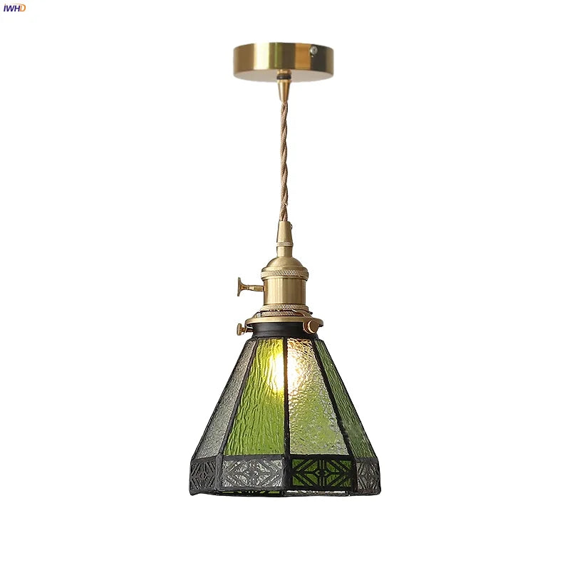 Loft Green Tiffany Glass LED Pendant Lights with Copper Knob Switch