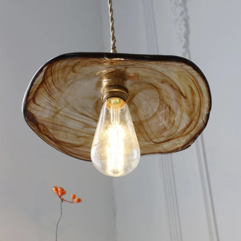 Brass Knob Switch LED Pendant Light, Nordic Amber Glass Hanging Lamp
