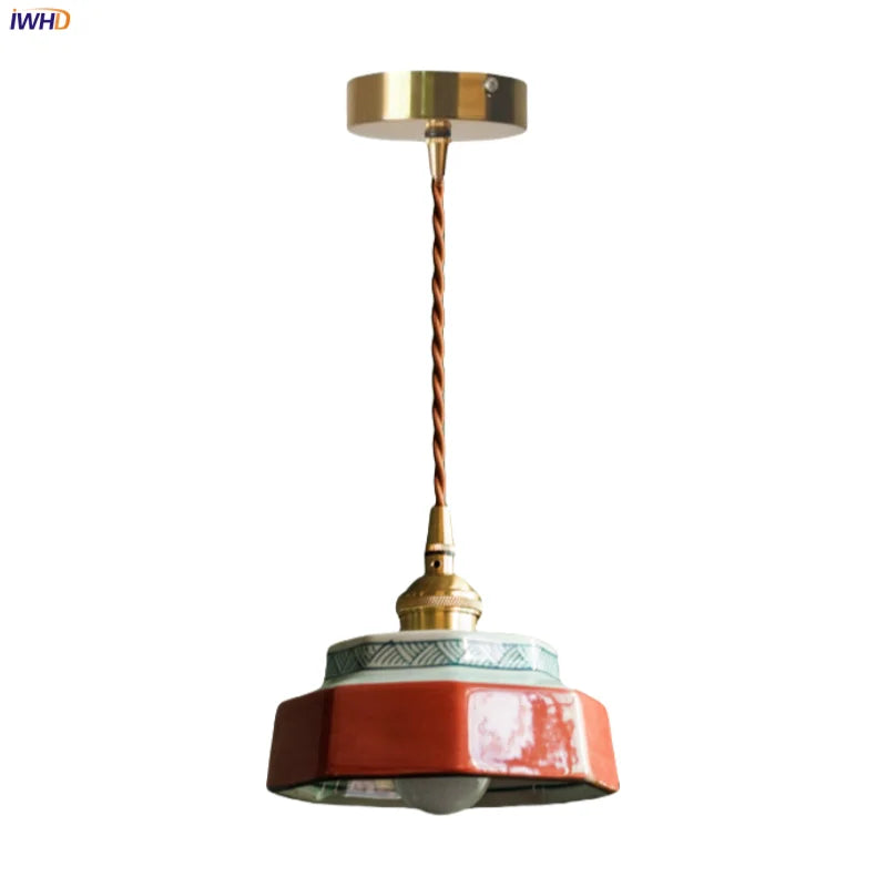 Ceramic LED Pendant Light Japanese Copper Hanging Lamp - Vintage Style